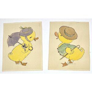 VTG SET 2 ORIGINAL WATERCOLOR Nursery Boy/Girl Ducklings 7"x9" Signed BROCK 1955